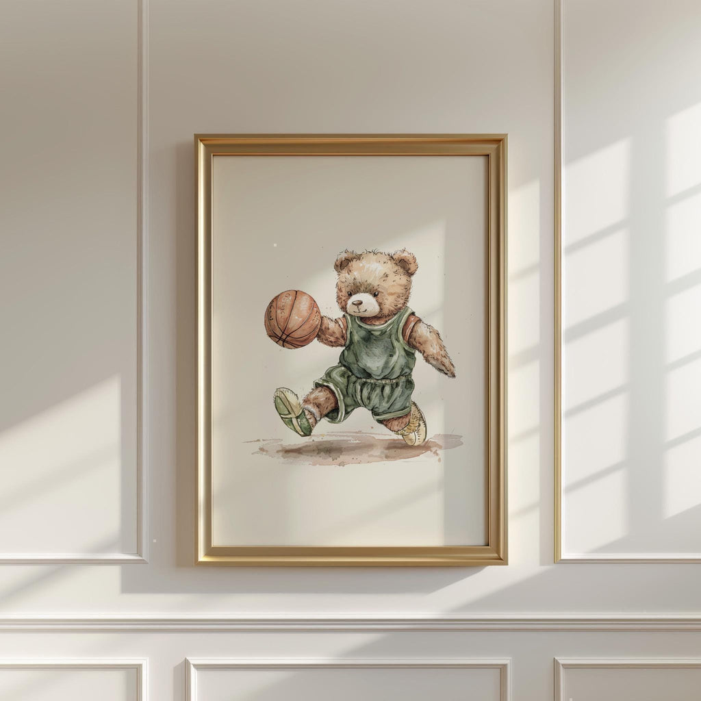 Vintage Basketball Teddy Bear Wall Art, Adorable Bear in Basketball Uniform, Nostalgic Decor for Kids Room, Nursery, Gift for Sports Fans