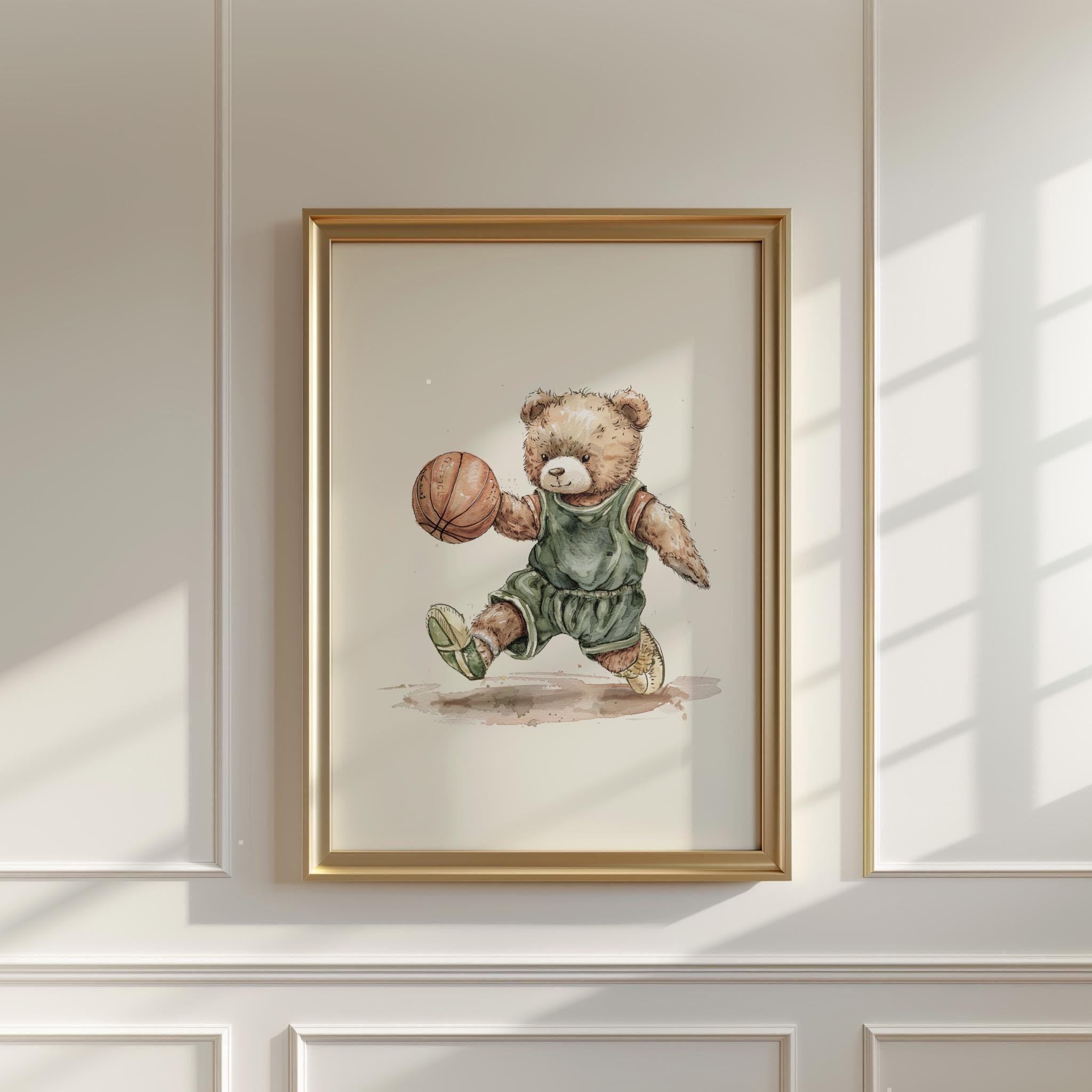 Vintage Basketball Teddy Bear Wall Art, Adorable Bear in Basketball Uniform, Nostalgic Decor for Kids Room, Nursery, Gift for Sports Fans