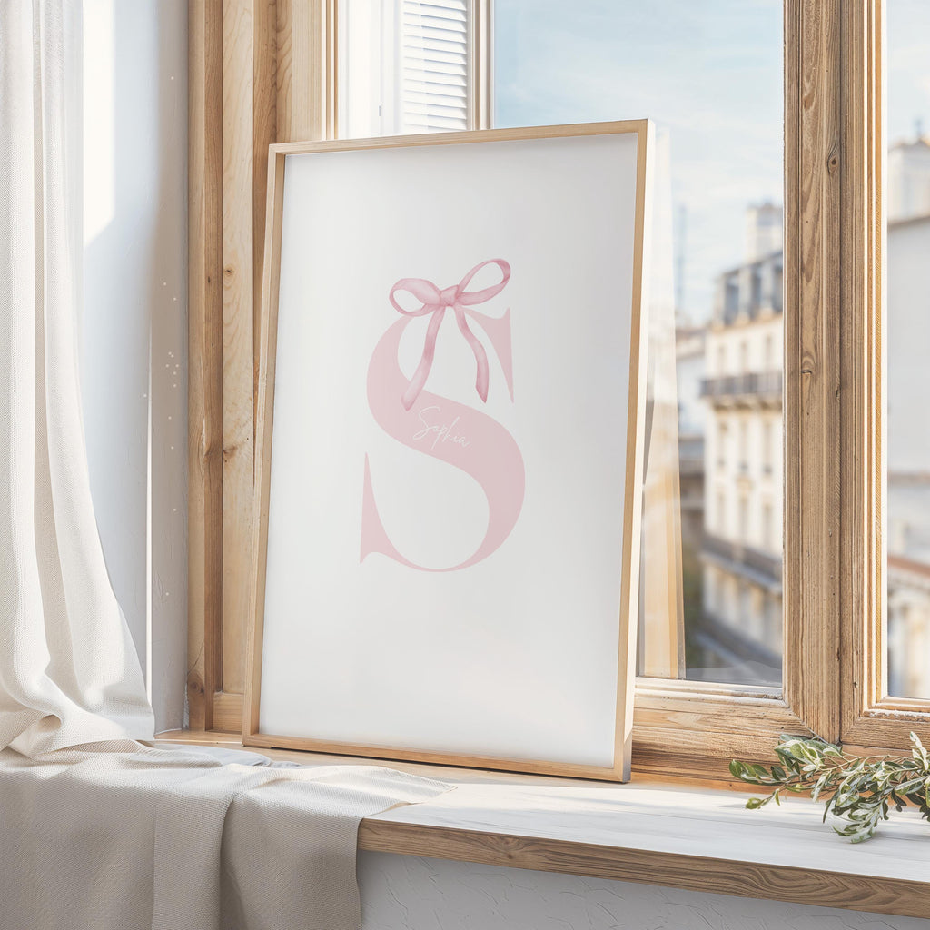 Pink bow coquette wall decoration print Custom Initial Bow Print, bow baby girl name, girls name sign, preppy, vintage, Printable, Framed