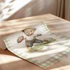 Vintage Football Teddy Bear Gingham Wall Art, Adorable Bear in Classic Football Uniform, Cute Decor for Kids Room, Nursery, Sports Fan Gift