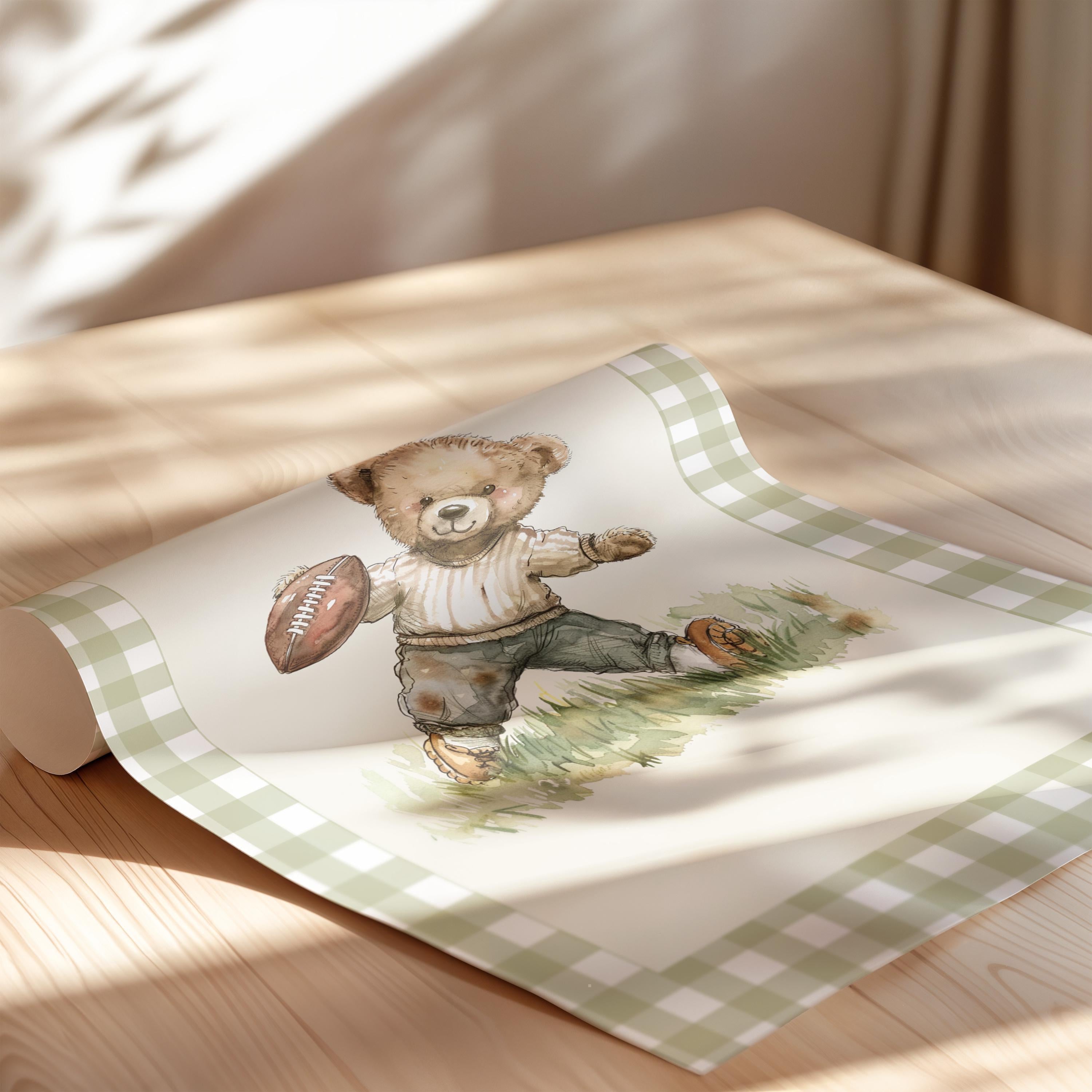 Vintage Football Teddy Bear Gingham Wall Art, Adorable Bear in Classic Football Uniform, Cute Decor for Kids Room, Nursery, Sports Fan Gift