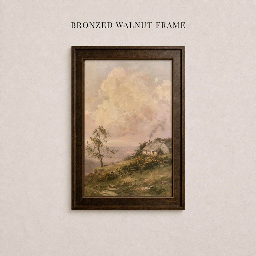 The image is a framed painting depicting a rural landscape with a house and trees in the background.