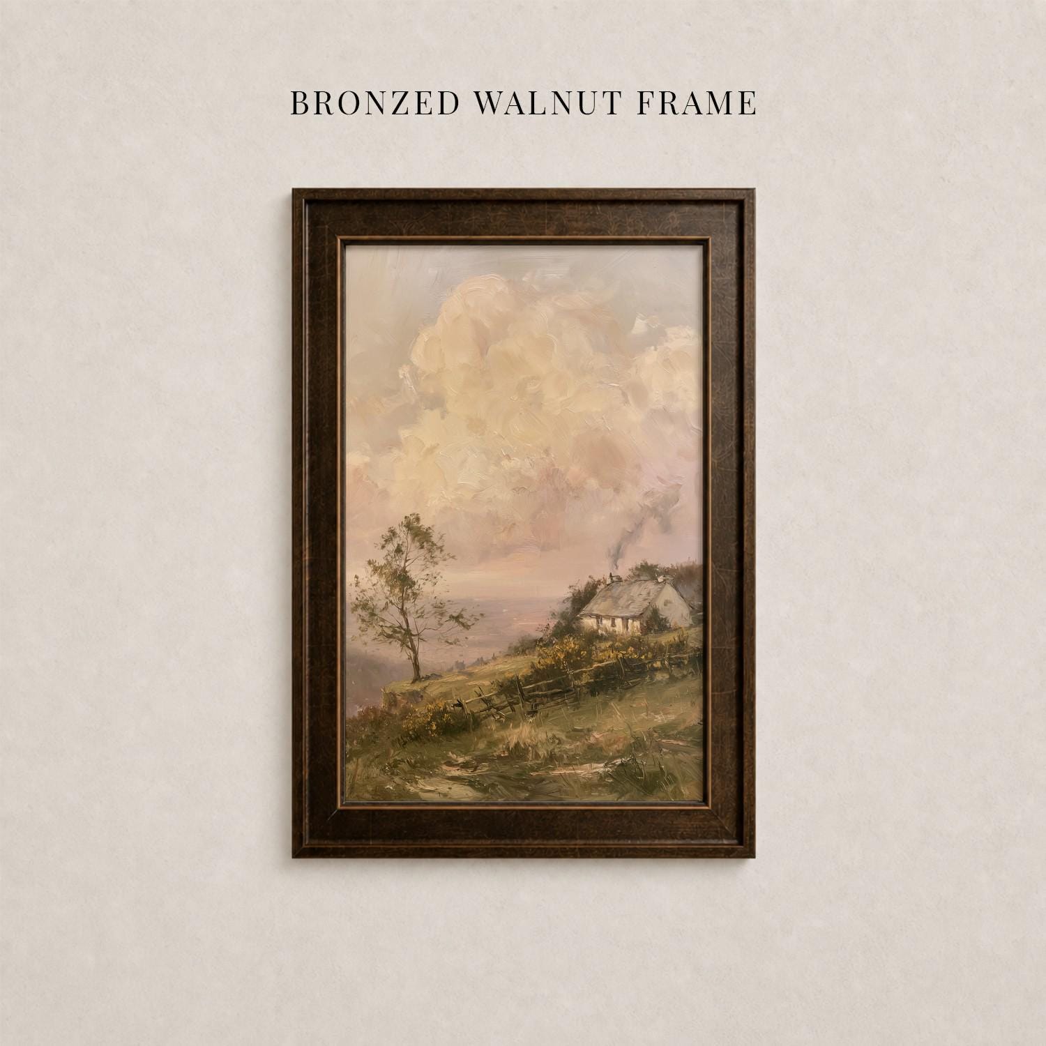 The image is a framed painting depicting a rural landscape with a house and trees in the background.