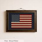 A framed image of the American flag hanging on a wall.