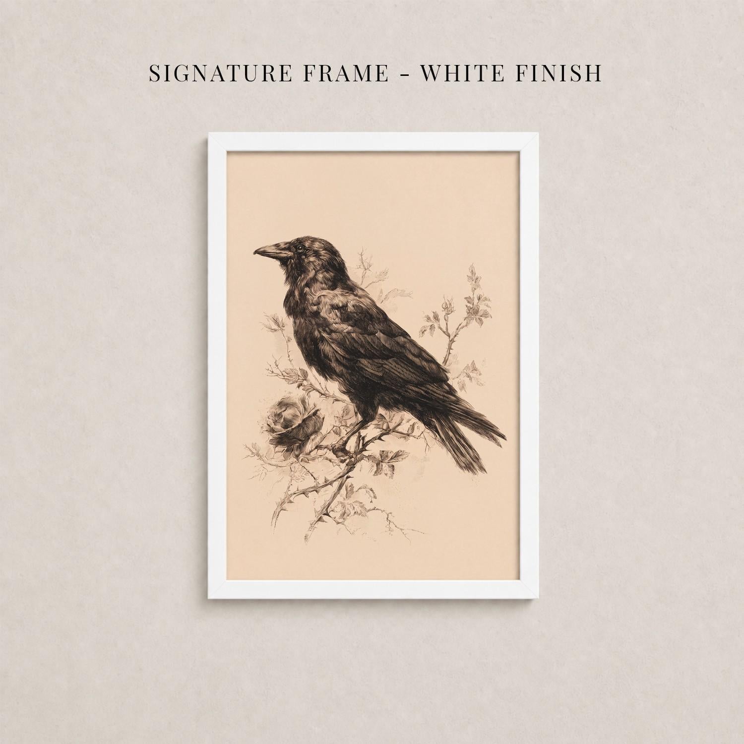 The image is a framed artwork depicting a black bird perched on a branch with flowers.