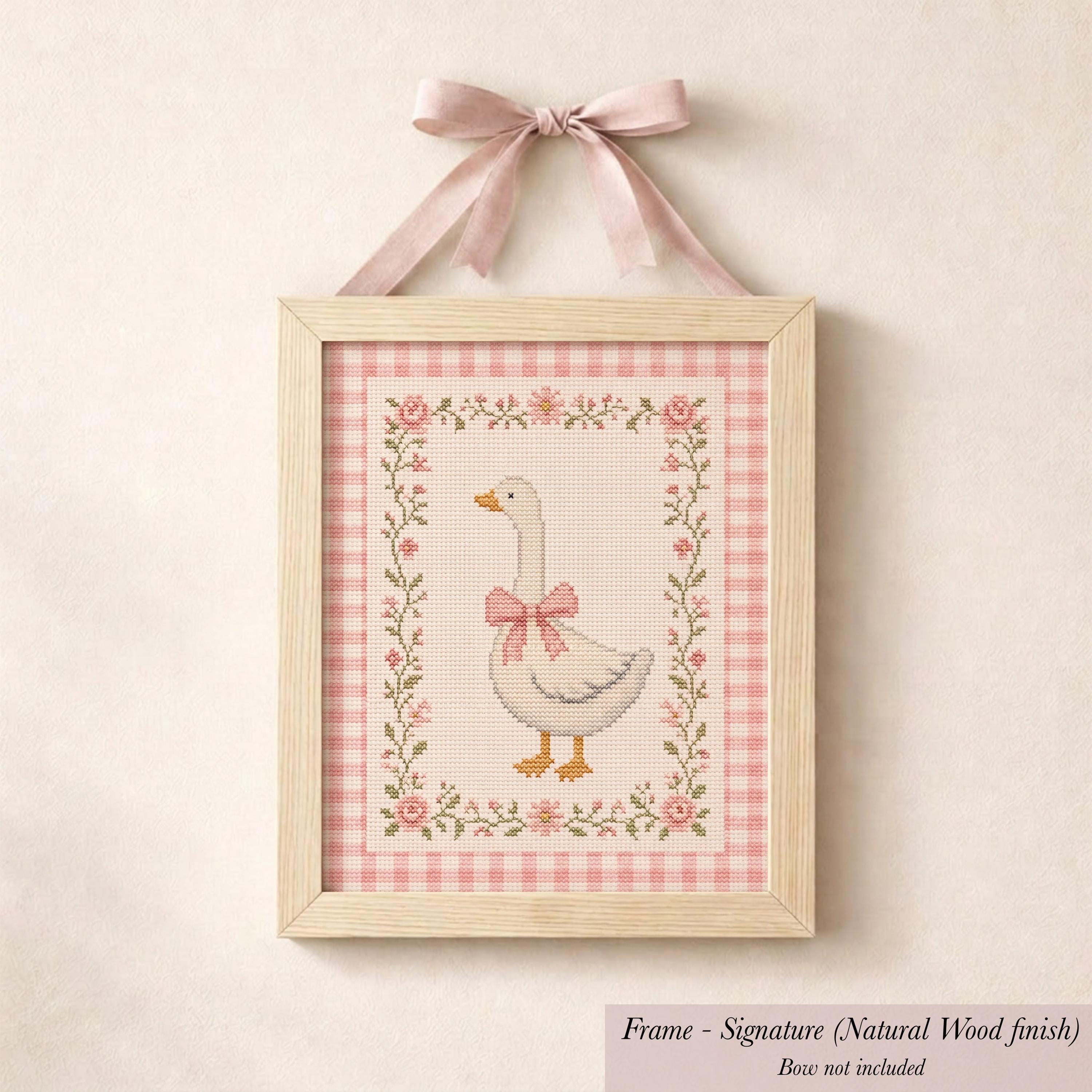 Pink Gingham Cross Stitch Goose Print ∙ Vintage Girl Room Art ∙ 2167