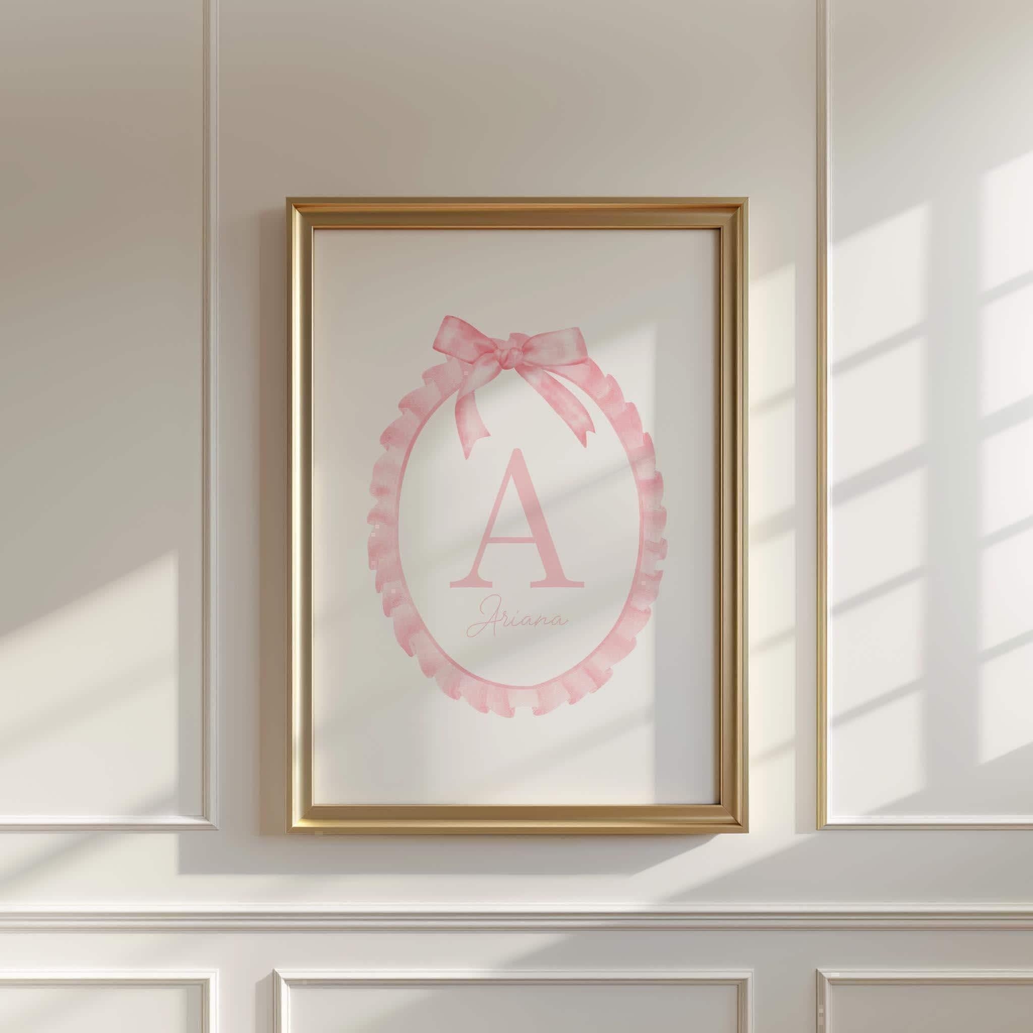 Custom Initial Print, Baby name nursery girl, Coquette bows nursery, Initial name print, Pink, Vintage Girl Nursery,Digital,Printable,Framed