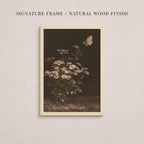 The image is a framed photograph of a flower arrangement with a butterfly in flight.