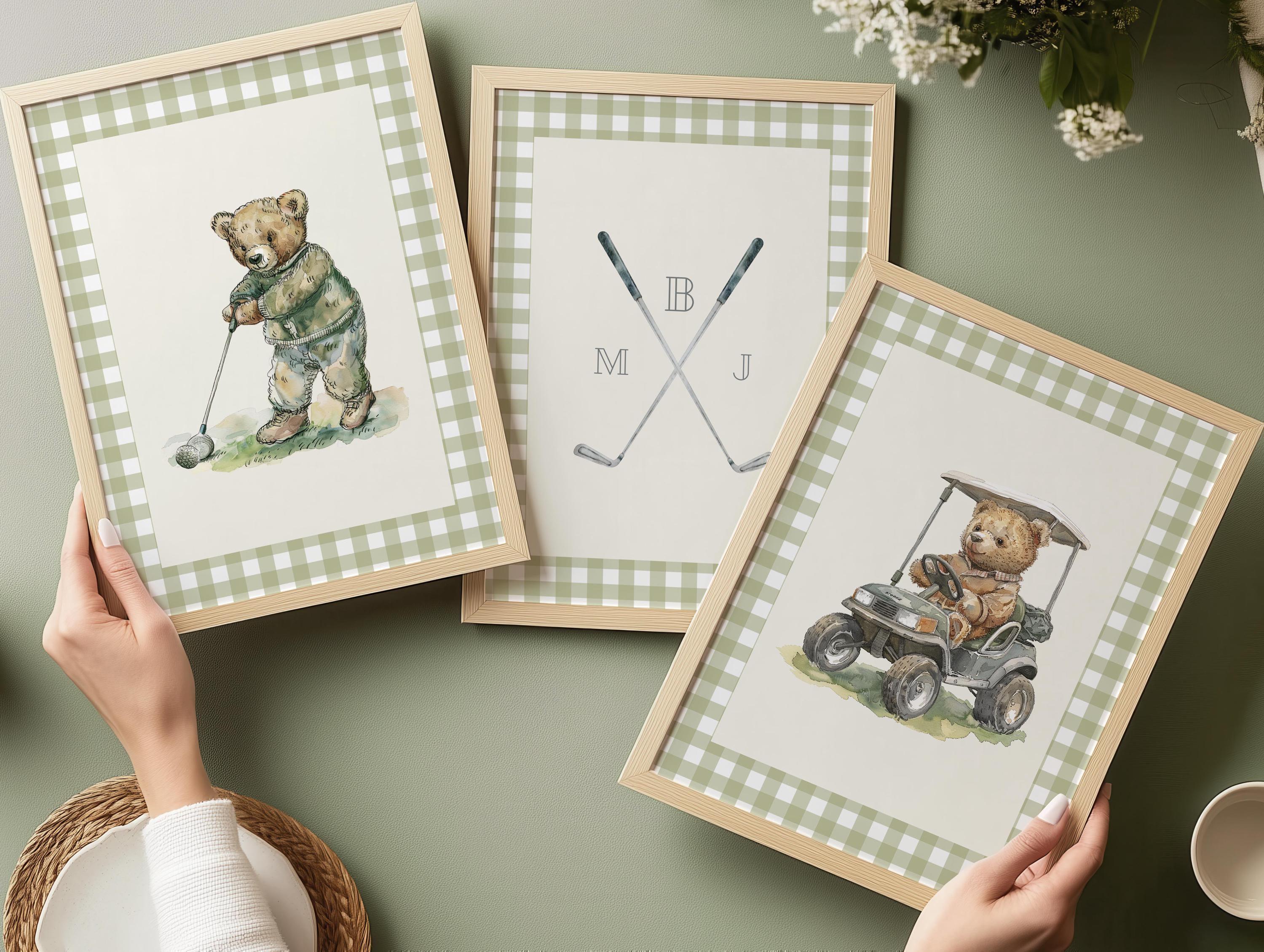 Boy golf nursery art, Vintage boy nursery, Teddy Bear Golf Print Nursery, Teddy Bear Art Kids Room, Gingham, Green, Digital,Printable,Framed