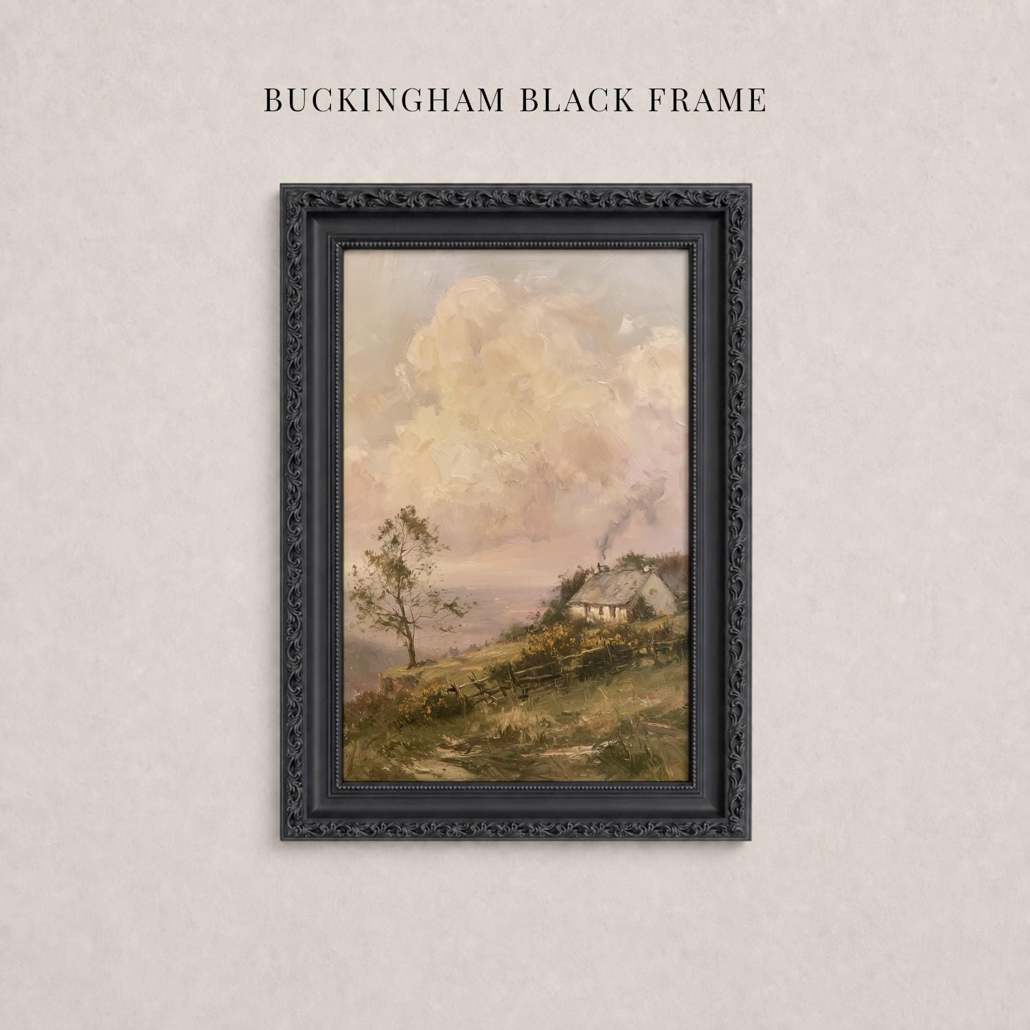 A framed painting depicting a rural landscape with a house and trees in the background, hanging on a wall.