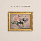 May include: A framed painting titled BUCKINGHAM GOLD FRAME featuring a bouquet of pink and white peonies in a clear glass vase resting on a surface. The artwork is enclosed in an ornate, textured gold-colored frame with intricate detailing.