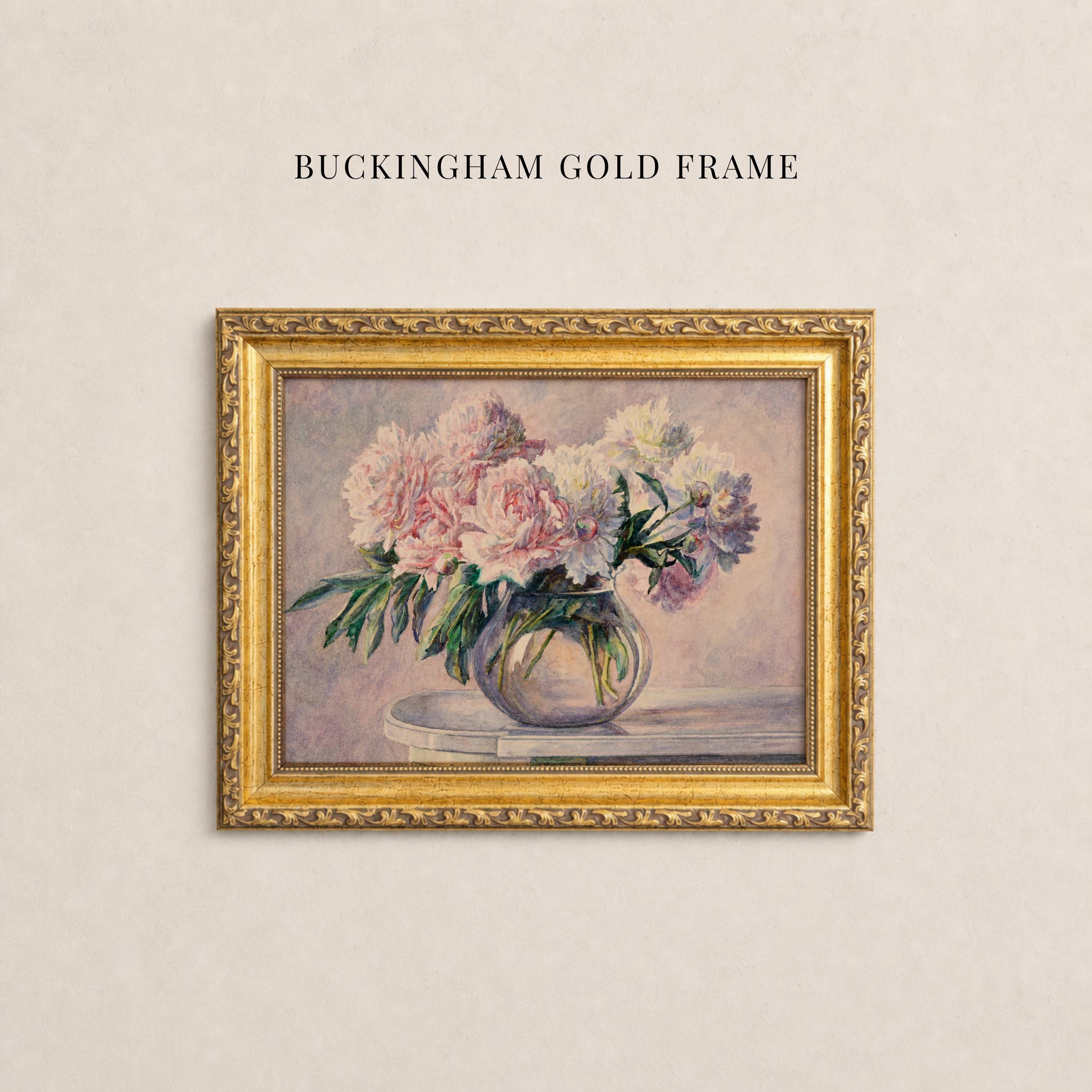 May include: A framed painting titled BUCKINGHAM GOLD FRAME featuring a bouquet of pink and white peonies in a clear glass vase resting on a surface. The artwork is enclosed in an ornate, textured gold-colored frame with intricate detailing.