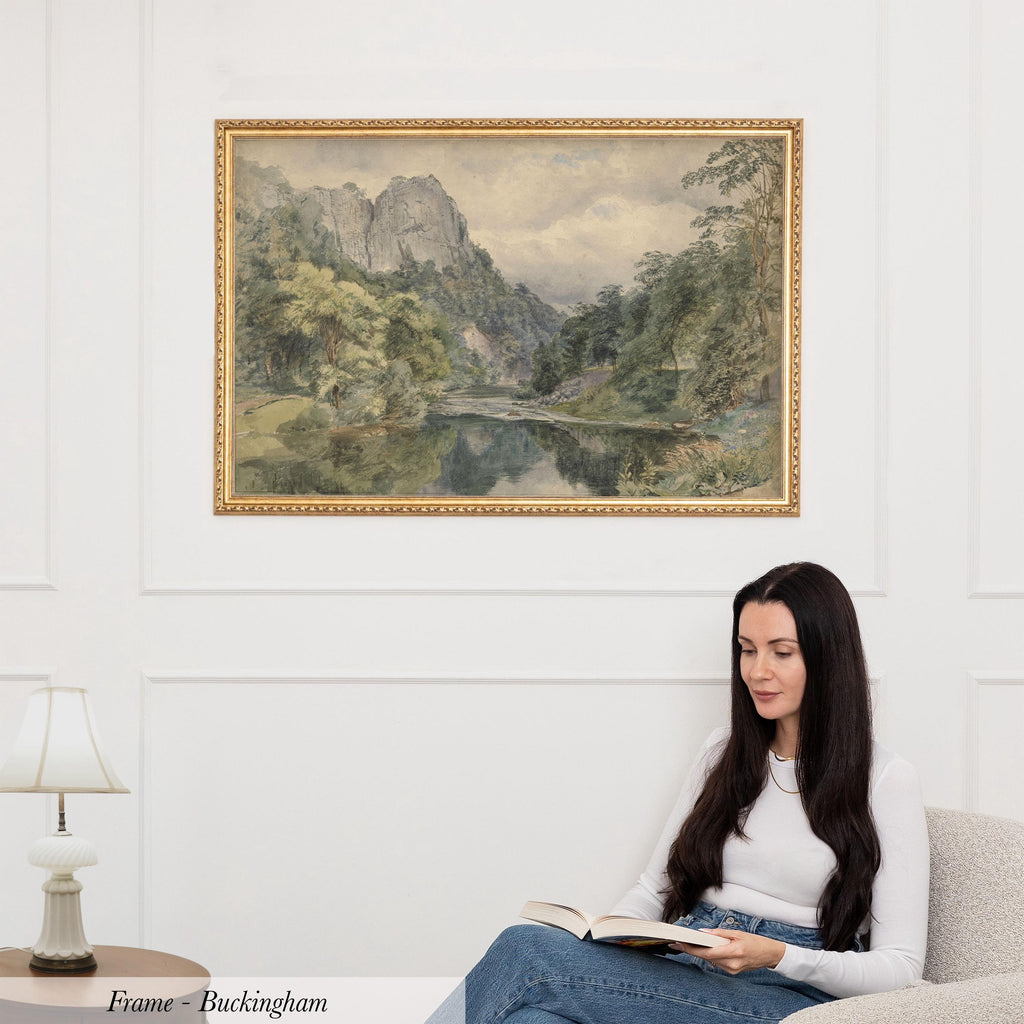 Scotland Highland Lake art print in a gold frame on a white panelled wall