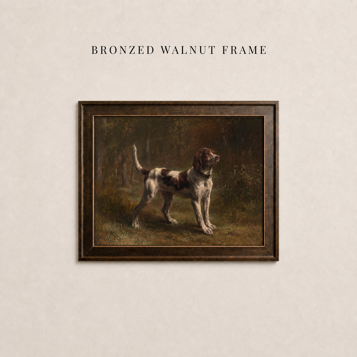 Vintage sporting dog art print in a bronzed walnut frame