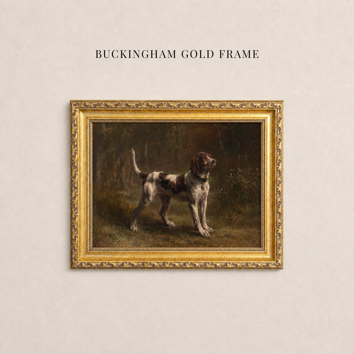 Vintage sporting dog art print in a Buckingham gold frame