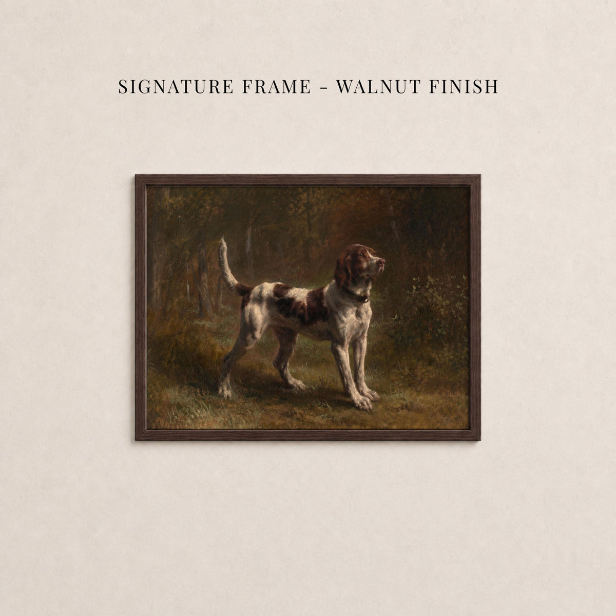 Vintage sporting dog art print in a walnut finish frame
