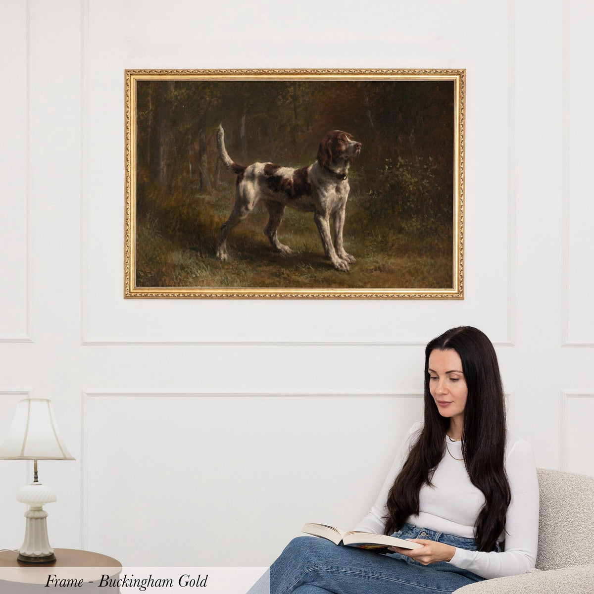 Vintage sporting dog art print in a Buckingham gold frame on a white panelled wall